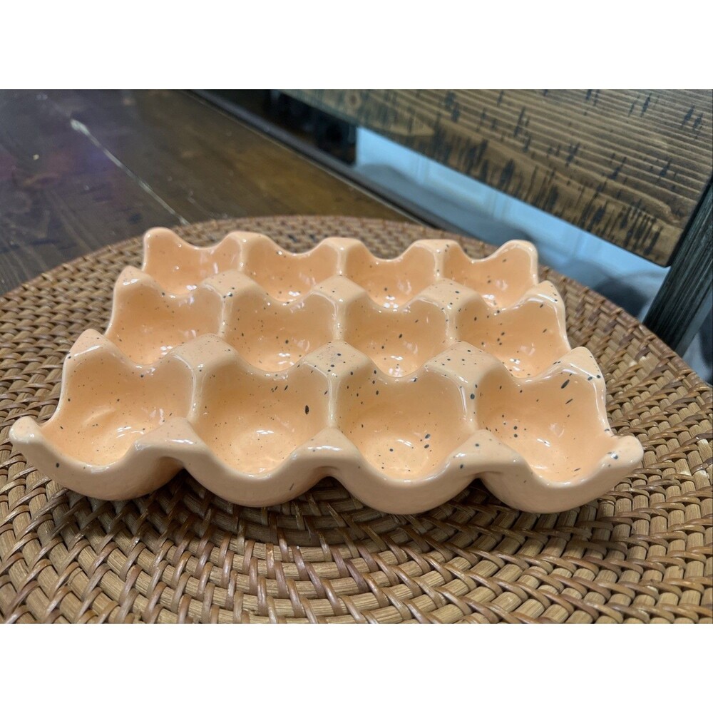 Orange Speckled Dozen Egg Holder Organizer Storage Ceramic  8" x 6”